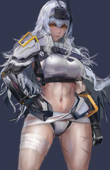 1girl abs absurdres bandaged_leg bandaged_waist bandages breasts capelet cloak commentary_request dog_tags goddess_of_victory:_nikke hand_on_own_hip head-mounted_display highres kyel_hyde long_hair looking_at_viewer mechanical_arms medium_breasts multiple_scars navel official_alternate_costume official_alternate_design parted_lips pilgrim_symbol_(nikke) scar scar_on_stomach scar_on_thighs shirt simple_background smile snow_white_(heavy_arms)_(nikke) snow_white_(nikke) solo standing teeth torn_capelet torn_cloak torn_clothes visor_(armor) visor_lift white_cloak white_hair white_shirt