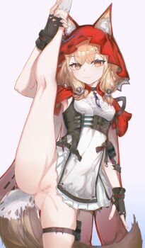 Rule 34 | 1girl, absurdres, animal ear fluff, animal ears, arknights, arknights: endfield, armpits, belt, blonde hair, cape, censored, chinese commentary, cloak, commentary, cowboy shot, dress, ears through headwear, ears through hood, fang, fingerless gloves, foot out of frame, gloves, gradient background, high belt, highres, hood, hood up, hooded cape, jewelry, looking at viewer, low-tied sidelocks, mizuhashi parusui, mosaic censoring, necklace, no panties, pussy, red cloak, red hood, rossi (arknights), sidelocks, simple background, skin fang, smile, solo, split, standing, standing on one leg, standing split, star-shaped pupils, star (symbol), symbol-shaped pupils, tail, thigh strap, tooth necklace, white dress, wolf ears, wolf girl, wolf ornament, wolf tail, yellow eyes