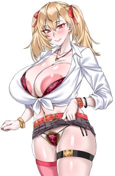 Rule 34 | 1girl, absurdres, animal print, areola slip, artia (kyonyuu fantasy burst), belt, blonde hair, blush, bra, bracelet, breasts, cleavage, clothes lift, crop top, female pubic hair, front-tie shirt, gyaru, hair ribbon, heart, heart necklace, highres, huge breasts, jewelry, kyonyuu fantasy, kyonyuu fantasy burst x, leopard print, leopard print bra, leopard print panties, lips, medium hair, midriff, miniskirt, navel, necklace, panties, pink nails, pink thighhighs, pipienpippi, print bra, print panties, pubic hair, pubic hair peek, red eyes, red ribbon, ribbon, shirt, side-tie panties, single thighhigh, skirt, skirt lift, smile, solo, standing, thigh strap, thighhighs, tied shirt, twintails, underwear, white background, wristband