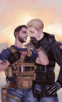 Rule 34 | 2boys, bara, belt, black gloves, black hair, black jacket, blonde hair, blue pants, blue shirt, brown belt, bulletproof vest, call of duty, call of duty: modern warfare 2, couple, facial hair, ghost (modern warfare 2), gloves, highres, jacket, looking at another, male focus, multiple boys, muscular, muscular male, pants, shirt, short hair, soap (modern warfare 2), watch, wristwatch, yaoi, zhyphenth