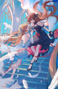 2girls absurdres ahoge bare_shoulders bird black_dress black_ribbon black_shoes blue_dress blue_eyes blue_ribbon bouquet broken_heart broken_heart_hair_ornament closed_mouth commentary commission day dress english_commentary evil_neuro-sama feathers floating_hair flower full_body gloves hair_between_eyes heart high_heels highres holding holding_bouquet indoors laluphine long_hair medium_dress multiple_girls neuro-sama pink_flower pink_rose red_eyes ribbon rose second-party_source shoes siblings sidelighting sisters stairs twins two-tone_dress two_side_up vedal_ai white_bird white_gloves