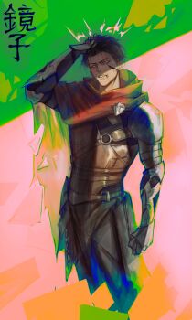 1boy absurdres arm_guards armor belt black_hair brooch character_request check_character clenched_hand clenched_teeth cloak feet_out_of_frame hand_on_own_hip head_tilt highres jewelry logicsterrr looking_at_viewer male_focus mordret_(shadow_slave) narrowed_eyes parted_lips partially_shaded_face red_cloak scar scar_on_face shadow_slave short_hair shoulder_armor solo teeth