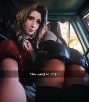 2girls 3d aerith_gainsborough ass blush brown_hair car car_interior drive-thru english_text final_fantasy final_fantasy_vii final_fantasy_vii_remake green_eyes hair_intakes he_wants_to_order_(meme) highres jacket lips lying_on_person meme motor_vehicle multiple_girls nose_blush red_jacket ria-neearts selfie skirt snapchat suspender_skirt suspenders tank_top thighhighs tifa_lockhart white_tank_top