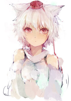 1girl animal_ears bare_shoulders commentary_request detached_sleeves hat inubashiri_momiji japanese_clothes looking_at_viewer pom_pom_(clothes) red_eyes red_hat shirt short_hair simple_background solo tokin_hat touhou turtleneck upper_body wataichi_meko white_background white_hair white_shirt wolf_ears