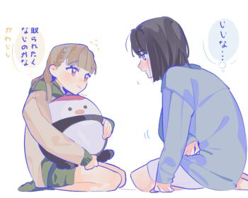 2girls black_hair blue_cardigan blush bob_cut braid brown_hair cardigan center-flap_bangs closed_mouth colored_speech_bubble commentary dress full_body green_eyes green_shorts green_socks highres hood hoodie kachimachi_kosuzu kachimachi_kosuzu_(summer_loungewear) link!_like!_love_live! long_sleeves looking_at_another love_live! momose_ginko momose_ginko_(summer_loungewear) multiple_girls pink_eyes pipi_(m1x_mix) seiza short_hair shorts side_braids simple_background sitting sleeves_past_wrists socks speech_bubble thought_bubble translation_request tsuru_(love_live!) virtual_youtuber white_background white_dress yellow_hoodie