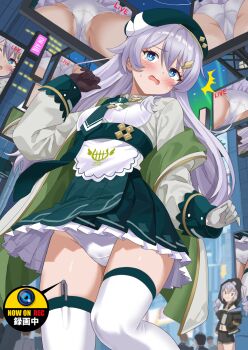 2girls beret black_hood blue_eyes blush breasts bronya_zaychik bronya_zaychik_(haxxor_bunny) commentary_request commission crown drill_hair green_skirt grey_eyes grey_hair hat hidden_camera highres honkai_(series) honkai_impact_3rd long_hair mtu_virus multiple_boys multiple_girls multiple_views open_mouth outdoors panties people pixiv_commission screen shimouki_izui shirt skirt small_breasts theresa_apocalypse thighhighs thighs underwear very_long_hair white_panties white_shirt white_thighhighs zettai_ryouiki