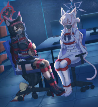 2girls absurdres akira_(blue_archive) animal_ears black_choker black_flower black_kimono black_sailor_collar black_shoes blue_archive blush boots bound bound_arms bound_legs cat_ears cat_girl cat_tail chair choker commission floral_print flower fox_ears fox_girl fox_tail grey_mask hair_between_eyes hair_flower hair_ornament high_heel_boots high_heels highres jacket japanese_clothes kimono long_hair multiple_girls on_chair pants pink_eyes pink_socks purple_sash ribbon saikunartworks sailor_collar sash second-party_source shirt shoes sidelocks single_thighhigh sitting socks tail tail_ornament tail_ribbon thighhighs torn_clothes torn_thighhighs wakamo_(blue_archive) white_jacket white_pants white_shirt white_shoes yellow_eyes