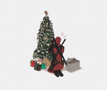 1boy back belt black_bodysuit black_choker black_gloves bodysuit bow box brown_belt candy candy_cane choker christmas christmas_lights christmas_tree commentary deadpool deadpool_(series) decorating_christmas_tree food full_body garland_(decoration) gift gift_box gloves highres marvel multicolored_bodysuit musical_note pocket red_bodysuit seiza shadow simple_background sitting snowflake_ornament solo star_(symbol) star_ornament superhero_costume symbol-only_commentary two-tone_bodysuit weapon weapon_on_back white_background yamuoez yellow_bow