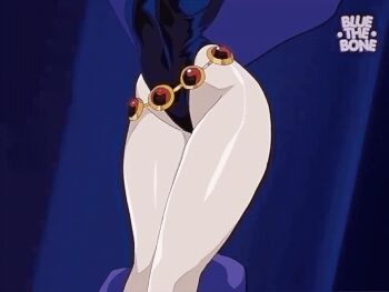 1boy 1girl anger_vein angry animated animated_gif annoyed ass beast_boy_(dc) belt bluethebone breasts cameltoe cape dc_comics food food_on_body fork from_behind gloves glowing glowing_eyes gradient_background hood legs leotard lower_body magic magical_girl purple_hair raven_(dc) retro_artstyle shiny_skin sparkle subtitled syrup talking teen_titans thighs thong_leotard waffle