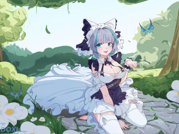 1girl absurdres animal_ears apron aqua_eyes aqua_streaks azur_lane blue_butterfly breasts bug butterfly cheshire_(azur_lane) cleavage commentary_request dashizide day detached_sleeves fake_animal_ears flower frilled_hairband frills garter_straps hairband highres insect large_breasts looking_at_viewer maid_headdress multicolored_hair open_mouth outdoors puffy_detached_sleeves puffy_sleeves purple_apron solo streaked_hair thighhighs white_flower white_garter_straps white_thighhighs wrist_cuffs