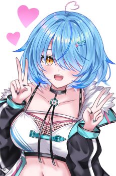 1girl arlonn black_choker black_jacket black_nails blue_hair blush bra breasts choker cleavage collarbone commentary_request double_v elf fingernails hair_over_one_eye heart highres hololive jacket large_breasts navel open_mouth pointy_ears short_hair simple_background solo underwear upper_body v virtual_youtuber white_background white_bra yellow_eyes yukihana_lamy yukihana_lamy_(cyber)