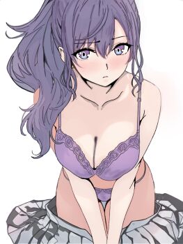 1girl asahina_mafuyu bare_arms bare_shoulders blush bra breasts cleavage closed_mouth clothes_pull collarbone commentary_request cowboy_shot grey_skirt hair_between_eyes hair_over_shoulder high_ponytail highres large_breasts leaning_forward long_hair looking_at_viewer panties pleated_skirt ponytail project_sekai purple_bra purple_eyes purple_hair purple_panties sidelocks simple_background skirt skirt_pull solo underwear underwear_only white_background wtsino