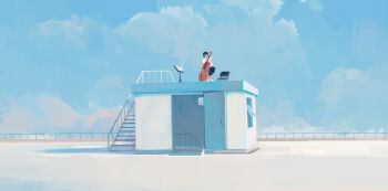 1girl bangqiao_yan blue_sky cello chair cloud cloudy_sky day faceless full_body highres instrument lectern mini_person minigirl music original outdoors playing_instrument railing rooftop sky solo stairs standing