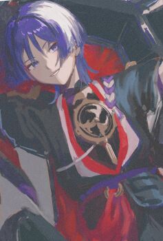 1boy black_bodysuit black_kimono black_sleeves blunt_ends bodysuit bright_pupils commentary eyeliner eyeshadow genshin_impact gold highres japanese_clothes jewelry juban kimono layered_sleeves looking_at_viewer makeup male_focus mandarin_collar mitsudomoe_(shape) multicolored_hair neck_ring o-ring painterly purple_eyes purple_hair purple_sash purple_sleeves red_eyeliner red_eyeshadow red_kimono red_sash sash scaramouche_(genshin_impact) short_sleeves smile solo streaked_hair symbol-only_commentary tomoe_(symbol) tsurime tukitoji0070 white_hair white_kimono white_pupils wispy_bangs