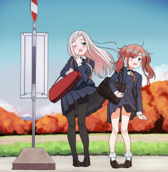 2girls absurdres ahoge aqua_eyes arms_at_sides autumn autumn_leaves bag belt belt_buckle black_bow black_bowtie black_pantyhose black_shoes blue_belt blue_dress blue_jacket blue_sky blush bow bowtie braid braided_bangs bright_pupils buckle bus_stop clothes_lift commentary_request day dress dress_lift floating_hair forehead frilled_socks frills green_eyes hand_up highres jacket leaf loafers long_hair long_sleeves michimori_karen_(urushiushiru) multiple_girls one_eye_closed open_clothes open_jacket open_mouth orange_hair original otoo_kanade_(urushiushiru) outdoors panties panties_under_pantyhose panty_peek pantyhose pantyshot parted_bangs pigeon-toed pinafore_dress pink_hair pleated_dress school_bag school_uniform shoes shoulder_bag sky sleeveless sleeveless_dress socks standing straight_hair twintails underwear urushiushiru v-shaped_eyebrows wavy_mouth white_pupils white_socks wind wind_lift winter_uniform yawning