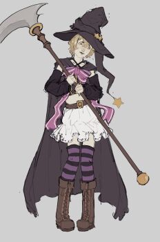1boy astro_(leopardus) belt black_arm_warmers black_cape boots brown_belt brown_boots cape cosplay crop_top crossdressing crossdressing_(mtf) full_body grey_background hat highres holding holding_scythe lace-up_boots limbus_company magia_record:_mahou_shoujo_madoka_magica_gaiden magical_girl mahou_shoujo_madoka_magica male_focus midriff miniskirt misono_karin misono_karin_(cosplay) pigeon-toed pink_ribbon project_moon purple_thighhighs ribbon scythe sinclair_(project_moon) skirt solo striped_clothes striped_thighhighs thighhighs white_skirt witch witch_hat