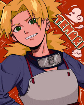 1girl aoi_7610 armor blonde_hair breastplate character_name cloud colored_eyebrows commentary forehead_protector green_eyes grin highres long_sleeves naruto_(classic) naruto_(series) purple_shirt quad_tails red_background red_sash sash shirt short_hair smile solo sunagakure_symbol teeth temari_(naruto)