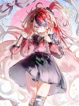 1girl :&lt; ahoge bag black_bow black_bowtie black_scrunchie black_skirt black_socks blue_eyes blue_hair blush bow bowtie chinese_commentary closed_mouth collared_shirt commentary_request cowboy_shot finger_to_cheek food-themed_hair_ornament genderswap genderswap_(mtf) hair_bow hair_ornament hair_scrunchie handbag heart-shaped_bag highres holding holding_bag jirai_kei kneehighs long_hair long_sleeves looking_at_viewer multicolored_hair one_side_up pink_shirt rabbit_hair_ornament red_hair scrunchie shirt skirt sleeve_bow socks solo streaked_hair sumino_takumi the_hundred_line_-last_defense_academy- thigh_strap tomato_hair_ornament two-tone_hair very_long_hair watermark weibo_watermark yanrenxi20831