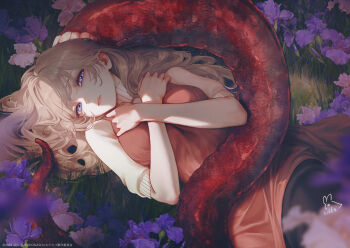 1girl brown_hair closed_mouth commentary_request crossed_arms dress extra_mouth flower futakuchi-onna grass highres looking_at_viewer official_art purple_eyes rikka_(rikka331) short_sleeves solo teeth tongue watashi_wo_tabetai_hitodenashi