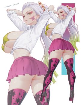 Rule 34 | 1girl, arms up, artist name, ass, ass focus, black boots, boots, bra, breast focus, breasts, cleavage, collared shirt, crop top, cropped shirt, daki (kimetsu no yaiba), eyeshadow, facial mark, full body, green bra, green eyes, green hair, hair ornament, high heel boots, high heels, highres, kimetsu no yaiba, large breasts, lipstick, long hair, looking at viewer, makeup, melowh, miniskirt, multicolored boots, multicolored hair, patreon logo, patreon username, pink boots, pink eyeshadow, pink lips, pink skirt, ribs, school uniform, shirt, sideboob, skirt, sleeves rolled up, solo, solo focus, standing, streaked hair, teeth, thigh boots, thigh focus, thighs, underboob, underwear, very long hair, white hair, white shirt