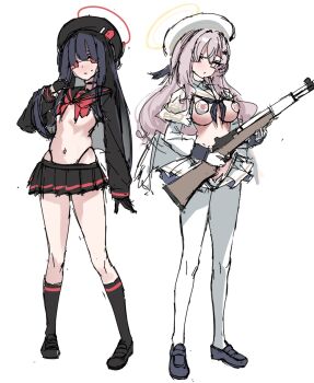 2girls beret black_hair blue_archive crop_top gun halo hat hato_haru highleg highleg_panties highres justice_task_force_member_(blue_archive) long_hair m1_garand microskirt midriff multiple_girls navel nipple_shield nukigee_mitai_na_shima_ni_sunderu_watashi_wa_dou_surya_ii_desu_ka? panties rifle sailor_collar sketch skirt tea_party_militant_(blue_archive) underwear weapon white_background