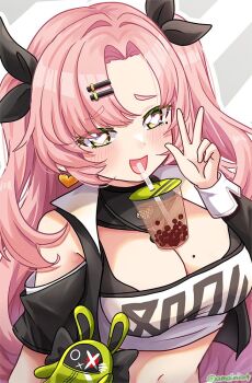 1girl :d amaimi amillion_(zenless_zone_zero) artist_name bangboo_(zenless_zone_zero) bare_shoulders black_bow black_jacket black_ribbon blush bow breasts bubble_tea bubble_tea_challenge character_doll cleavage crop_top cropped_jacket cropped_shirt doll drinking_straw earrings grey_background hair_ornament hair_ribbon hairclip heart heart-shaped_pupils heart_earrings jacket jewelry large_breasts long_hair looking_at_viewer mole mole_on_breast mole_under_eye navel necklace nicole_demara open_mouth outline pink_hair ribbon shirt smile solo striped_background swept_bangs symbol-shaped_pupils twitter_username two-tone_background upper_body w white_background white_outline white_shirt yellow_eyes zenless_zone_zero