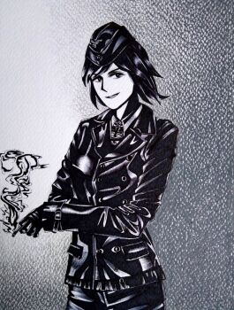 1girl black_gloves black_jacket black_pants bordfunker133 buttons cigarette cross double-breasted dress_shirt genderswap genderswap_(mtf) gloves greyscale grin hans-joachim_marseille hat highres holding holding_cigarette iron_cross jacket looking_at_viewer luftwaffe marseille-chan_(bordfunker133) medium_hair military military_uniform monochrome nazi original pants real_life reichsadler shirt smile smoking soldier solo swastika world_war_ii