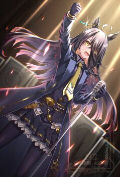 Rule 34 | 1girl, absurdres, ahoge, animal ears, black coat, black gloves, black hair, black pantyhose, black shirt, black skirt, coat, collared shirt, commentary, ear tag, earrings, english commentary, gentiano815, gloves, hair between eyes, highres, holding, holding microphone, holding microphone stand, horse ears, horse girl, jewelry, long bangs, long hair, long hair between eyes, long sleeves, manhattan cafe (creeping shadow) (umamusume), manhattan cafe (umamusume), microphone, microphone stand, multicolored hair, necktie, open mouth, pantyhose, shirt, single earring, skirt, solo, speaker, sweat, umamusume, white hair, yellow eyes, yellow necktie