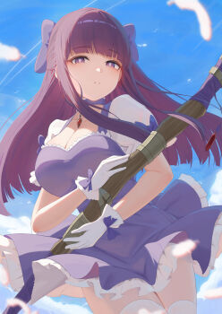 1girl absurdres blunt_bangs bow breasts cleavage cloud cloudy_sky dress fern_(sousou_no_frieren) gloves hair_bow highres holding holding_staff large_breasts long_hair mage_staff magical_girl pige_pig puffy_short_sleeves puffy_sleeves purple_bow purple_dress purple_eyes purple_hair short_sleeves sky sousou_no_frieren staff thighhighs white_gloves white_thighhighs