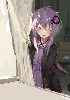 1girl animal_ears black_jacket blush closed_eyes commentary_request criss-cross_halter curtains dress facing_viewer fake_animal_ears hair_between_eyes hair_ornament halterneck hand_up highres hood hood_down hooded_jacket indoors jacket lamb_(hitsujiniku) long_hair long_sleeves open_mouth purple_dress purple_hair rabbit_ears solo vocaloid voiceroid wavy_mouth yuzuki_yukari