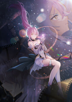 Rule 34 | 0 tsunamayo 0, 1girl, absurdres, aemeath (wuthering waves), bare shoulders, breasts, chromatic aberration, commentary, elbow gloves, film reel, floating hair, gloves, hair floating upwards, highres, leotard, long hair, looking at viewer, medium breasts, multiple views, orange eyes, pink hair, showgirl skirt, skirt, white gloves, white leotard, white skirt, wuthering waves