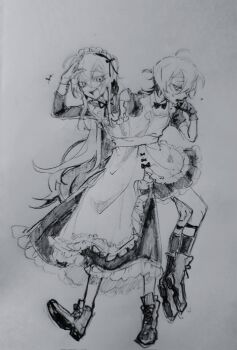 2boys brothers conjoined crossdressing crossdressing_(mtf) height_difference highres maid male_maid multiple_boys original siblings trap