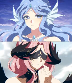 2girls anime_coloring bare_shoulders bird_wings black_collar black_wings blindfold blue_eyes blue_eyeshadow blue_hair blue_sky circlet cloud collar collarbone crimson_feather_(infinity_nikki) day detached_collar expressionless eyelashes eyeshadow fake_screenshot feathered_wings fins futureliunian gradient_eyeshadow hair_ornament happy head_fins high_collar highres infinity_nikki interlocked_fingers jewelry long_hair looking_at_viewer makeup mermaid monster_girl multiple_girls necklace nikki_(series) ocean outdoors own_hands_clasped own_hands_together praying purple_eyeshadow red_hair shore sky snowy_ballad_(infinity_nikki) upper_body wavy_hair wing_hair_ornament wings