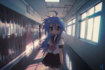 1girl ahoge blue_hair ceiling ceiling_light gnlop green_eyes hallway highres indoors izumi_konata liminal_space locker looking_at_viewer lucky_star mole mole_under_eye neckerchief pink_neckerchief pleated_skirt ryouou_school_uniform school school_uniform serafuku skirt solo tile_ceiling tiles wide_shot window
