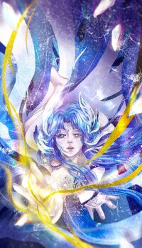 1girl absurdres all_fours bare_legs barefoot beads blue_dress blue_hair born_flawless_(infinity_nikki) chinese_commentary circlet commentary_request dress expressionless facepaint feather_hair_ornament feathers floating_hair full_body glass_shards grey_eyes hair_ornament highres infinity_nikki jewelry light_particles lipstick long_dress long_hair looking_at_viewer magic makeup necklace nikki_(series) parted_lips pink_lips purple_background ranqixiaoqingtiany reaching realistic strapless strapless_dress very_long_hair