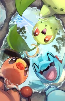 3others absurdres black_eyes blush bracelet chikorita closed_eyes commentary_request crocodilian fangs gen_2_pokemon gen_5_pokemon highres jewelry leaf mega_stone multiple_others nintendo no_humans nullma open_mouth outdoors pig pokemon pokemon_(creature) pokemon_focus red_eyes reflection reflective_liquid sharp_teeth smile starter_pokemon_trio tail teeth tepig totodile water