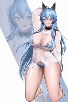Rule 34 | 1girl, absurdres, arm behind back, arm behind head, bare legs, barefoot, bikini, bikini under clothes, biting own lip, blue bikini, blue eyes, blue hair, breasts, commentary, english commentary, feet, goddess of victory: nikke, hair between eyes, helm (aqua marine) (nikke), helm (nikke), highleg, highleg bikini, highres, kneeling, large breasts, long hair, long sleeves, looking at viewer, official alternate costume, see-through clothes, see-through shirt, shiny skin, shirt, swimsuit, very long hair, water drop, wet, wet clothes, wet hair, wet shirt, zoom layer, zukululuu