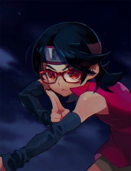 1girl black_hair boruto:_naruto_next_generations closed_mouth detached_sleeves forehead_protector glasses konohagakure_symbol kuji-in looking_at_viewer medium_hair naruto_(series) night picklehaterx_x red-framed_eyewear red_eyes red_shirt sharingan shirt shorts solo uchiha_sarada upper_body