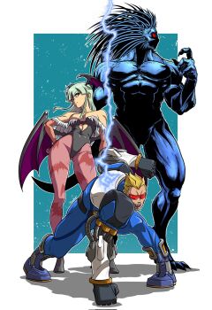 Rule 34 | 1girl, 2boys, animal print, armor, bat print, black leotard, blackheart (marvel), blonde hair, blue bodysuit, blue skin, bodysuit, breasts, captain commando, captain commando (character), colored skin, darkstalkers, demon girl, demon wings, electricity, full body, green background, green eyes, green hair, head wings, highres, leotard, marvel, marvel vs. capcom, medium breasts, morrigan aensland, multiple boys, multiple wings, pantyhose, print pantyhose, purple pantyhose, red-tinted eyewear, red eyes, shukeiart, standing, tinted eyewear, white armor, wings