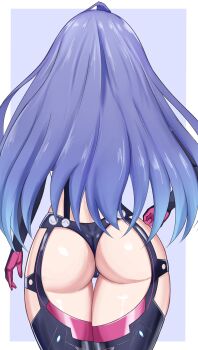 1girl absurdres ass ass_focus blue_hair cameltoe choujigen_game_neptune compile_heart from_behind garter_belt gloves highres idea_factory iris_heart_(neptunia) kami_jigen_game_neptune_v long_hair neptune_(series) solo standing stiris_rangetsu thighhighs thong very_long_hair