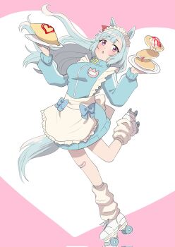 1girl animal_ears apron bandaid bandaid_on_leg blue_hair blue_jacket blue_track_suit blush bow breasts ear_bow ear_ornament ear_ribbon food frilled_apron frills heart highres holding holding_plate horse_ears horse_girl horse_tail jacket jersey_maid large_breasts leg_warmers long_hair long_sleeves looking_at_viewer loose_socks maid maid_apron maid_headdress mejiro_ardan_(umamusume) nitsutomeo_shinobu omelet omurice open_mouth pancake pancake_stack plate purple_eyes roller_skates simple_background skates socks solo syrup tail track_jacket track_suit turtleneck turtleneck_jacket umamusume unconventional_maid waist_apron waitress whipped_cream white_apron white_leg_warmers white_socks