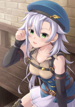 1girl beret breasts commentary_request eiyuu_densetsu fie_claussell green_eyes hat highres kuro_no_kiseki_(series) looking_at_viewer simple_background skirt small_breasts smile takaseshinya white_hair