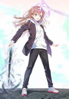 1girl a_certain_high_school_uniform alternate_costume alternate_hair_length alternate_hairstyle black_jacket black_pants borrowed_clothes brown_eyes brown_hair cosplay crossdressing crossdressing_(ftm) electricity electrokinesis eritri full_body gakuran hair_ornament hairpin highres hood hoodie jacket jacket_over_hoodie kamijou_touma kamijou_touma_(cosplay) long_hair long_sleeves magnetism metal_sand misaka_mikoto open_clothes open_jacket open_mouth pants revision school_uniform shoes simple_background sneakers solo standing toaru_majutsu_no_index toaru_majutsu_no_index:_new_testament tongue variant_set white_background white_hoodie white_shoes