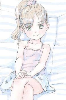 1girl bare_shoulders bed_sheet brown_hair camisole closed_mouth collarbone covered_erect_nipples crossed_legs dot_nose floral_print floral_print_skirt forehead green_eyes hair_ornament hair_scrunchie highres interlocked_fingers loli looking_at_viewer lying on_back original own_hands_together pink_camisole pink_scrunchie ponytail poranka_(porankaran) print_skirt scrunchie short_hair skirt smile solo swept_bangs thighs white_skirt