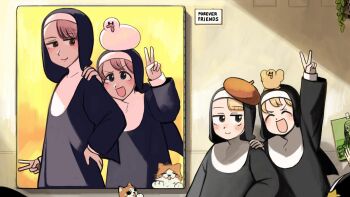 4girls :d baby_animal bird blonde_hair blue_eyes cat chicken clumsy_nun_(diva) commentary diva_(hyxpk) duck duckling english_commentary hat highres little_nuns_(diva) multiple_girls nun open_mouth painting_(object) red_hat smile spicy_nun_(diva) star_nun_(diva) star_ornament traditional_nun v yellow_eyes