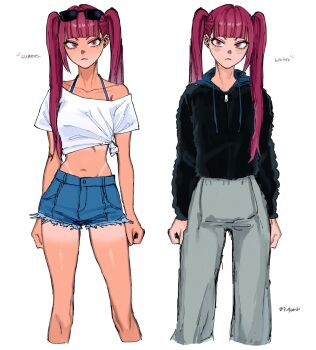 bare_shoulders bikini bikini_under_clothes bleach breasts closed_mouth collarbone dokugamine_riruka highres jeans_shorts long_hair navel p_glansk pants purple_eyes purple_hair simple_background small_breasts stomach sunglasses_on_head sweater swimsuit tan tanline twintails white_background