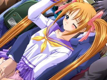 Rule 34 | 1boy, 1girl, 2000s (style), arm behind back, blue eyes, blush, breasts, brown hair, clothes lift, collarbone, cowboy shot, crowded, dutch angle, exhibitionism, faceless, faceless male, fingering, fingering from behind, fingering through clothes, fingering through panties, game cg, half-closed eye, hand up, holding, large variant set, long hair, long sleeves, looking down, m&amp;m (mickey and mackey), molestation, multiple boys, neckerchief, one eye closed, panties, pink panties, pink ribbon, pleated skirt, public indecency, public nudity, purple sailor collar, purple skirt, raised inner eyebrows, ribbon, sailor collar, saishu chikan densha (series), saishuu chikan densha, school uniform, serafuku, sidelocks, skirt, skirt lift, small breasts, standing, suzuki airi (saishu chikan densha), third-party source, through clothes, train interior, twintails, underwear, variant set, very long hair, yellow neckerchief