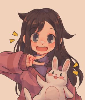 Rule 34 | 1girl, blush, brown hair, commentary, cowlick, grey eyes, high collar, highres, kiri (a kiribey), long hair, long sleeves, open mouth, original, rabbit, red sweater, solo, spanish commentary, striped clothes, striped sweater, sweater, torso, turtleneck, undershirt, v, v-neck, yellow background