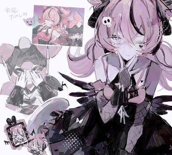 Rule 34 | > <, 2girls, abrnb, aria (discordant note) (zenless zone zero), aria (zenless zone zero), bare shoulders, black dress, black hair, black streaks, black wings, blue eyes, chibi, closed mouth, collarbone, commentary request, dress, dual persona, facial mark, game screenshot inset, hair ornament, hand on own chin, heart, heart facial mark, highres, humanoid robot, looking at viewer, mark under eye, multicolored hair, multiple girls, musical note, official alternate costume, one eye closed, pink hair, robot, robot girl, screenshot inset, simple background, skull hair ornament, streaked hair, white background, wings, zenless zone zero