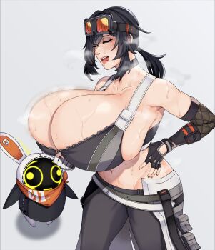 1girl bangboo_(zenless_zone_zero) bouncing_breasts breasts bursting_breasts choker cleavage closed_eyes eous_(zenless_zone_zero) female_focus fingerless_gloves gigantic_breasts gloves goggles grace_howard hand_on_own_hip highres medium_hair navel ponytail skindentation solo steaming_body strongmoist sweat zenless_zone_zero